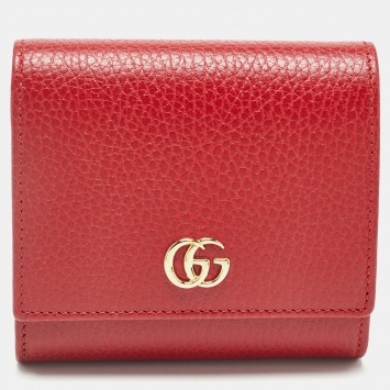 Pre Owned Gucci Red Leather GG Marmont Trifold Compact Wallet