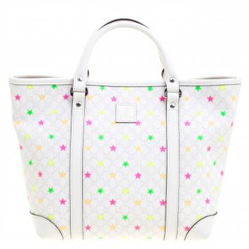 Pre Owned Gucci White Micro GG Supreme Canvas Neon Stars Tote