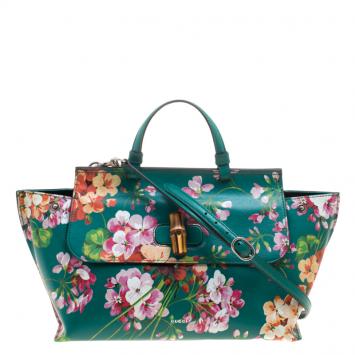Pre Owned Gucci Green Floral Print Leather Bamboo Daily Top Handle Bag