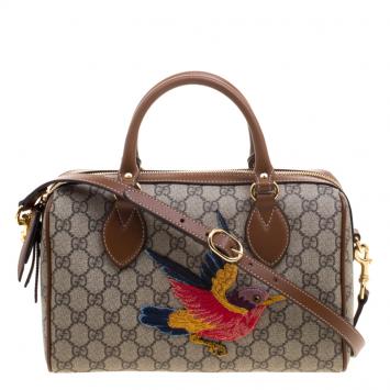 Pre Owned Gucci Beige/Brown GG Supreme Canvas Limited Edition Bird Boston Bag