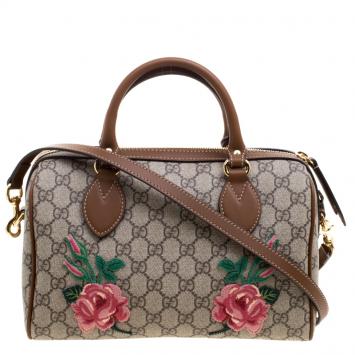 Pre Owned Gucci Beige/Brown GG Supreme Canvas Limited Edition Floral Boston Bag