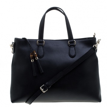 Pre Owned Gucci Black Pebbled Leather Bamboo Tassel Tote