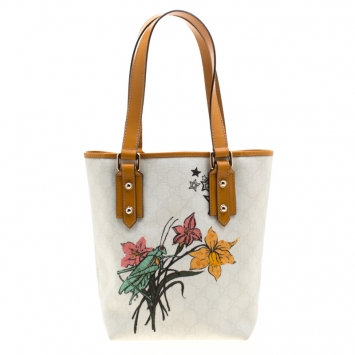Pre Owned Gucci White/Brown GG Supreme Coated Canvas Small Grasshopper Tattoo Tote