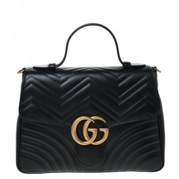 Pre Owned Gucci Black Leather Medium GG Marmont Top Handle Bag