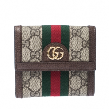 Pre Owned Gucci Brown GG Supreme Canvas and Leather Ophidia GG French Flap Wallet
