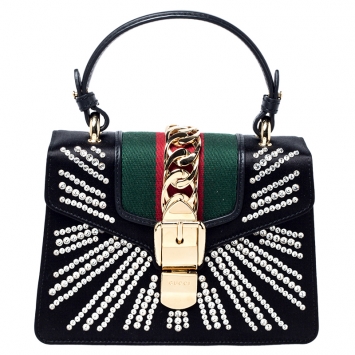 Pre Owned Gucci Black Crystal Embellished Satin and Leather Mini Web Chain Sylvie Top Handle Bag