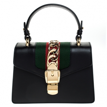 Pre Owned Gucci Black Leather Mini Web Chain Sylvie Top Handle Bag