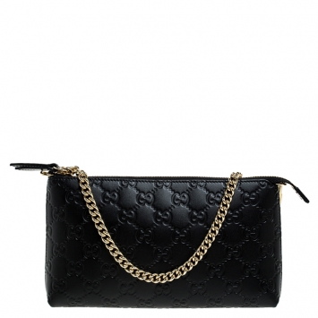 Pre Owned Gucci Black Guccissima Leather Wristlet Zip Chain Clutch