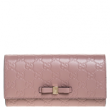 Pre Owned Gucci Pink Guccissima Leather Bow Continental Wallet
