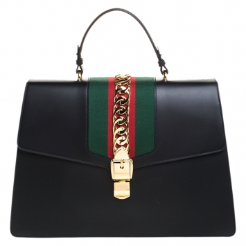 مملوكة مسبقًا Gucci Black Web Chain Leather Sylvie Maxi Top Handle Bag