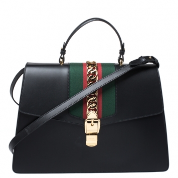 Pre Owned Gucci Black Web Chain Leather Sylvie Maxi Top Handle Bag