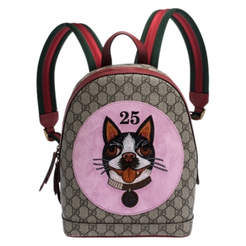 Pre Owned Gucci Beige/Red GG Supreme Canvas and Leather Bosco Backpack