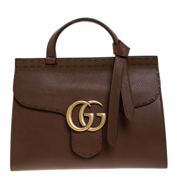 Pre Owned Gucci Brown Leather GG Marmont Top Handle Bag