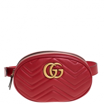 Pre Owned Gucci Red Matelassé Leather GG Marmont Belt Bag