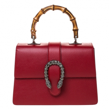 Pre Owned Gucci Red Leather Medium Dionysus Bamboo Top Handle Bag