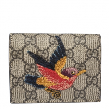 Pre Owned Gucci Beige GG Supreme Canvas Bird Embroidered Bifold Card Holder 
