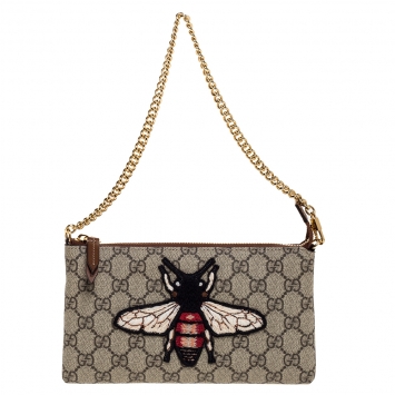 Pre Owned Gucci Beige GG Supreme Canvas Linea Bee Wristlet Clutch