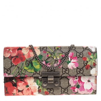 Pre Owned Gucci Multicolor GG Supreme Blooms Canvas Padlock Wallet on Chain