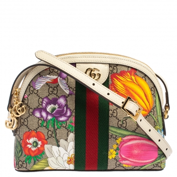 Pre Owned Gucci Beige/Off White Flora GG Supreme Canvas and Leather Small Ophidia Crossbody Bag