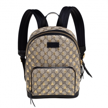 Pre Owned Gucci Beige/Black GG Supreme Canvas and Leather Bees Backpack