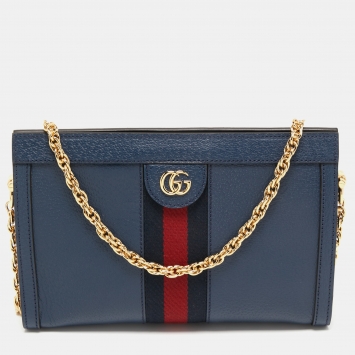 Pre Owned Gucci Blue Leather Small Ophidia Web Shoulder Bag