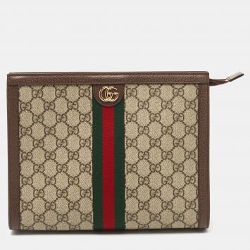 Pre Owned Gucci Beige/Brown GG Supreme Canvas and Leather Ophidia Pouch