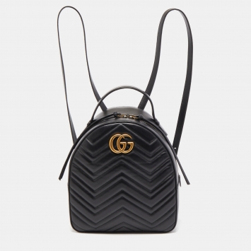 Pre Owned Gucci Black Matelassé Leather GG Marmont Backpack