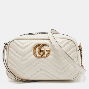 Pre Owned Gucci Off White Matelassé Leather Small GG Marmont Shoulder Bag