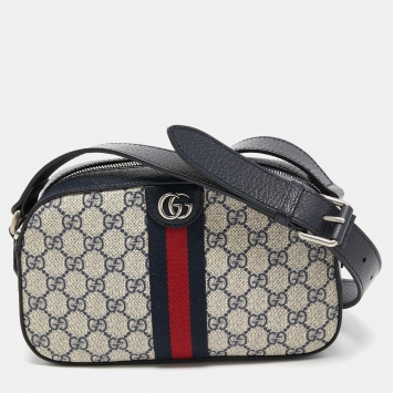 Pre Owned Gucci Beige/Navy Blue GG Supreme Canvas and Leather Ophidia Crossbody Bag
