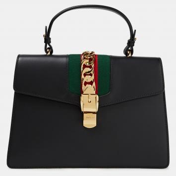 Pre Owned Gucci Black Leather Mini Web Chain Sylvie Top Handle Bag