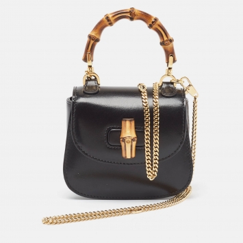 Pre Owned Gucci Black Leather Super Mini 1947 Bamboo Top Handle Bag