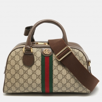 Pre Owned Gucci Brown/Beige GG Canvas and Leather Medium Ophidia Satchel