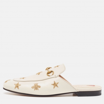 Pre Owned Gucci Off White Leather Bee and Star Embroidered Princetown Flat Mules Size 39