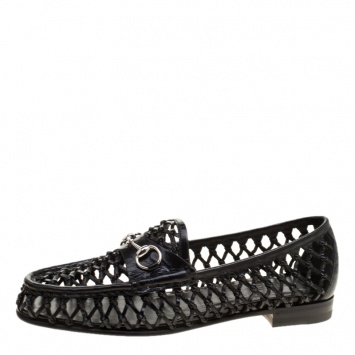 Pre Owned Gucci Black Woven Leather Horsebit Loafers Size 37