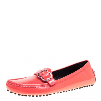 Pre Owned Gucci Coral Red Patent Leather Interlocking GG Driving Moccasins Size 40