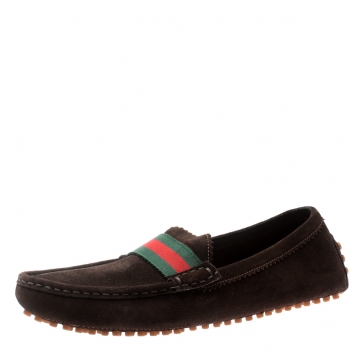 Pre Owned Gucci Brown Suede Web Trim Loafers Size 38.5
