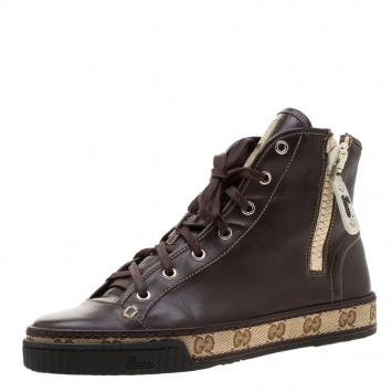 Pre Owned Gucci Brown Leather Lace Up High Top Sneakers Size 37.5