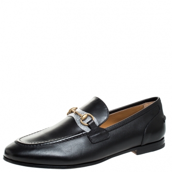 Pre Owned Gucci Black Leather Jordaan Horsebit Slip On Loafers Size 36.5