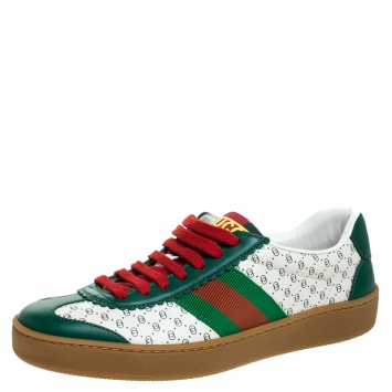 Pre Owned Gucci White/Green Leather Web Dapper Dan Sneakers Size 36
