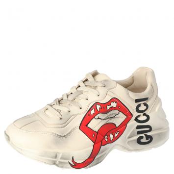 مملوكة مسبقًا Gucci Beige Leather Mouth Print Rhyton Sneakers Size 38