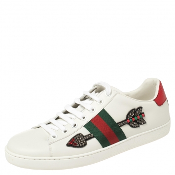 Pre Owned Gucci White Leather Ace Embellished Arrow Appliqué Low Top Sneakers Size 38.5