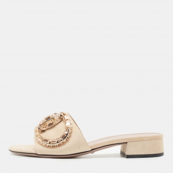 Pre Owned Gucci Beige Suede Crystal Horsebit Maxime Slide Sandals Size 37.5