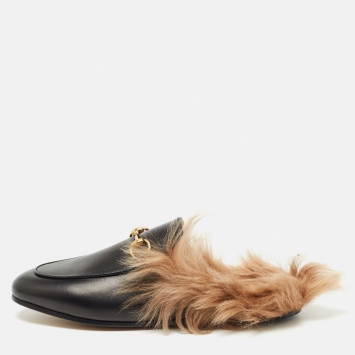 Pre Owned Gucci Black Leather Fur Lined Princetown Flat Mules Size 37