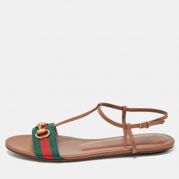 Pre Owned Gucci Brown Leather Web Detail Horsebit T-Strap Flat Sandals Size 40