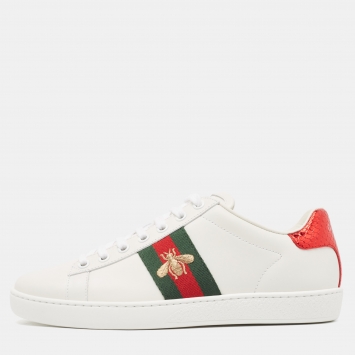 Pre Owned Gucci White Leather Bee Embroidered Ace Sneakers Size 37