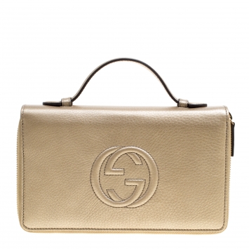 Pre Owned Gucci Metallic Beige Leather Soho Travel Document Case