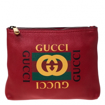 Pre Owned Gucci Red  Leather Web Logo Zip Pouch