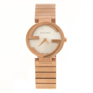 Pre Owned Gucci Interlocking Mother of Pearl Rose Gold Plated Stainless Steel 133.5 Women's Wristwatch 29 mm