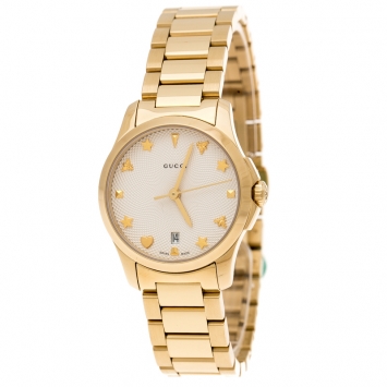 Pre Owned Gucci Cream Gold Plated Stainless Steel G-Timeless 126.5 Women's Wristwatch 27 mm