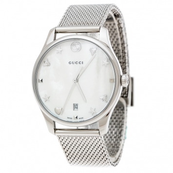 Pre Owned Gucci White Mother of Pearl Stainless Steel G-Timeless 126.4 Women's Wristwatch 36 mm